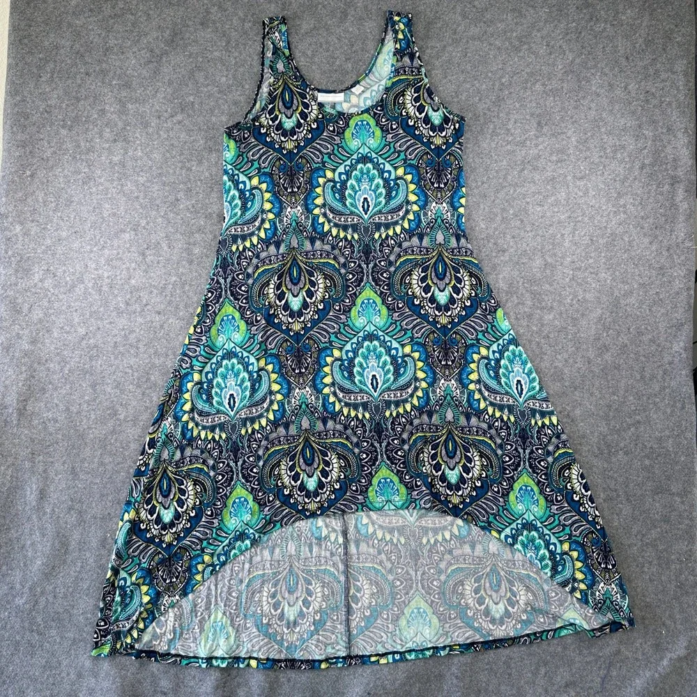 New York & Company Womens High Low Tank Dress M Blue Paisley Stretch Jersey